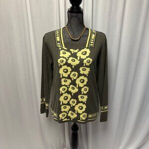 Skovhuus Sweater Womens Size Large Olive Green Yellow Floral Danish Knitwear